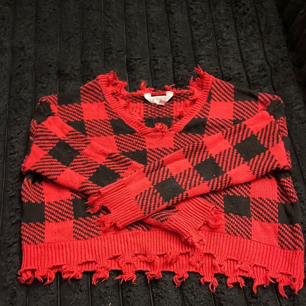 No Boundaries Red and Black Plaid V-Neck Sweater